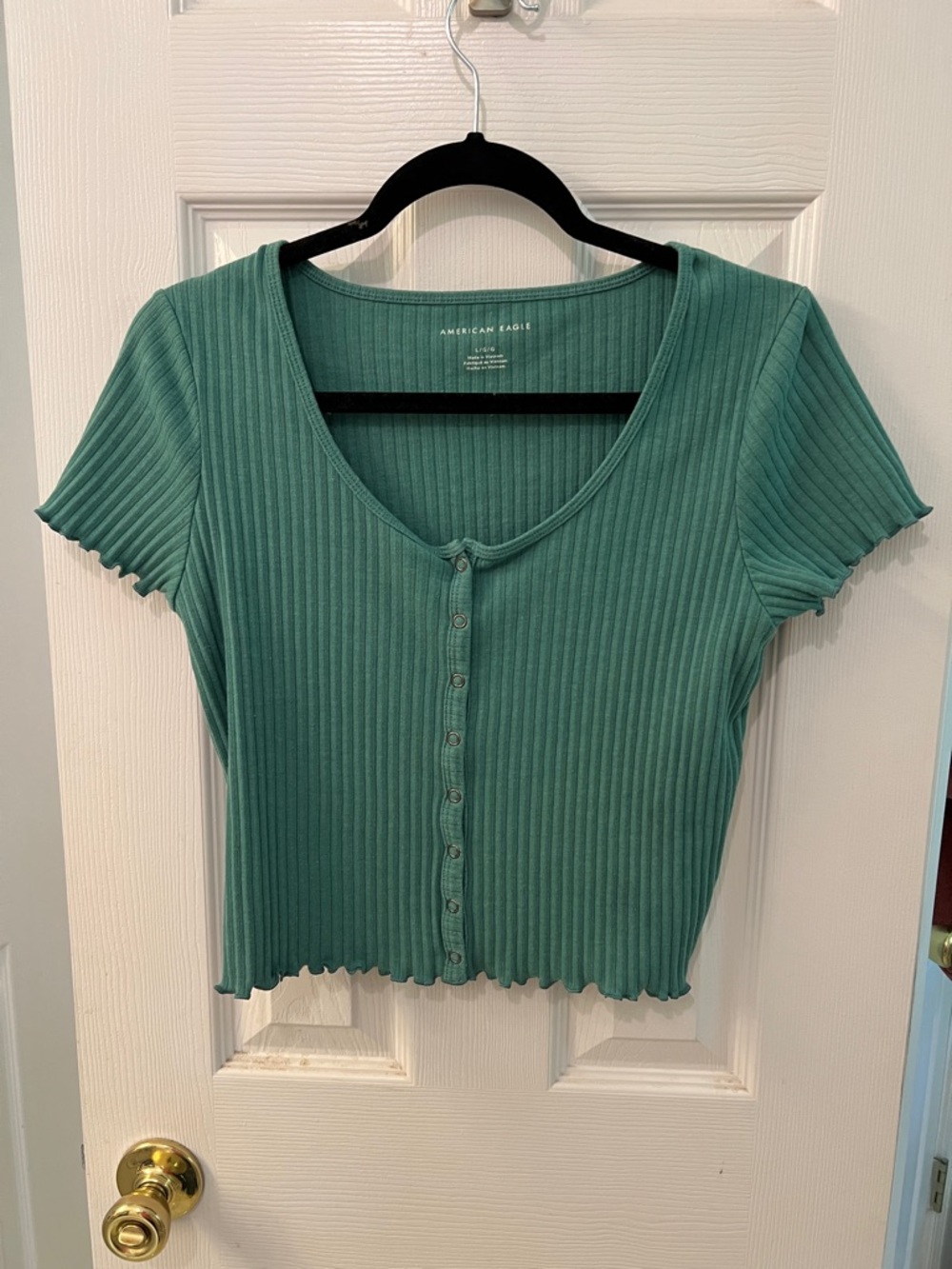 American Eagle Outfitters Teal Ribbed Scoop Button-Front Crop Top